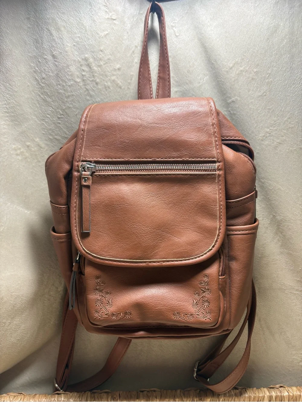 Rosetti Brown Backpack Purse Multi Pocket Floral Embroidered Vegan Leather